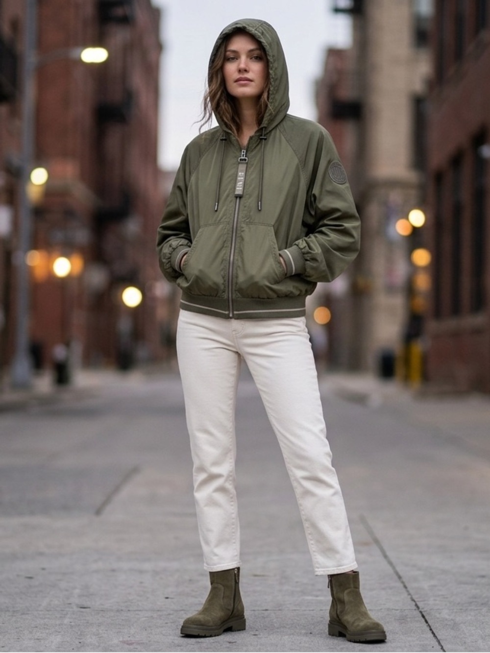 DKNY Olive Hooded Zip-Up Windbreaker Jacket